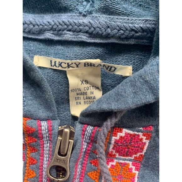 Lucky Brand BOHO blue EMBROIDERED FULL ZIP HOODIE HOODED Sweatshirt sz XS - Picture 4 of 4